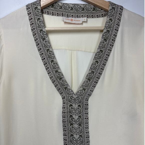 Tory Burch Silk Peasant Blouse Top Ivory Chiffon Size S Batik Trim Boho Designer - Picture 3 of 16